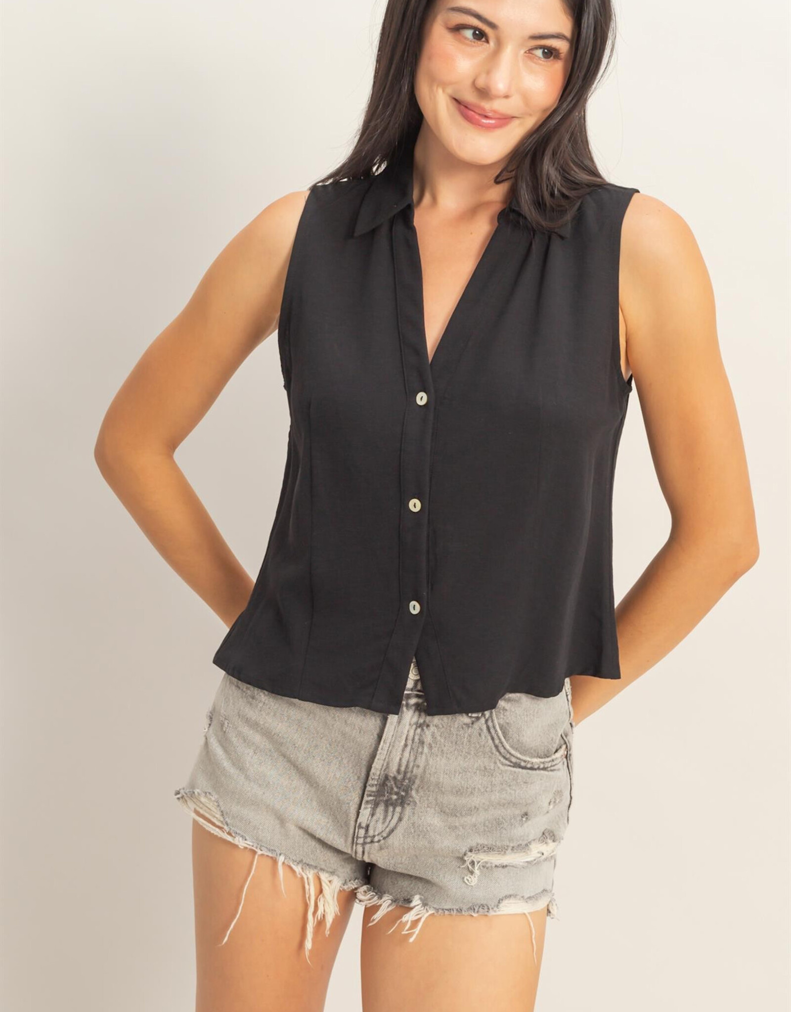 Miss Bliss HYFVE Slvls Lyocell Linen Button Front Top-Black