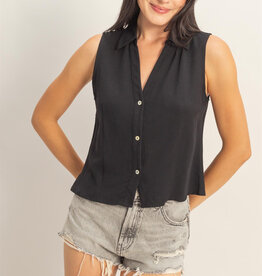 Miss Bliss Lyocell Linen Button Front Top-Black