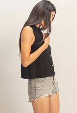 Miss Bliss HYFVE Slvls Lyocell Linen Button Front Top-Black