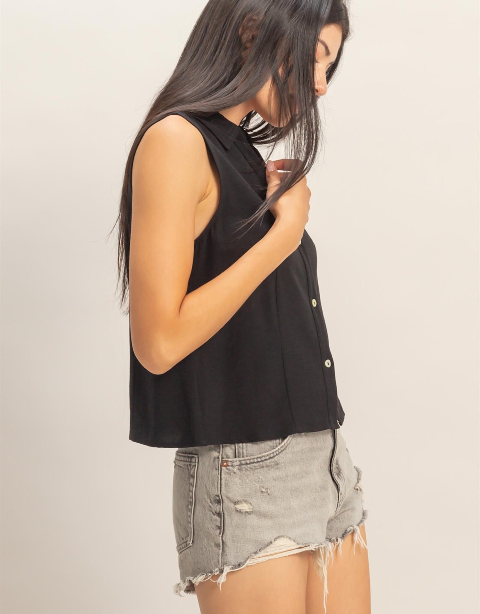 Miss Bliss HYFVE Slvls Lyocell Linen Button Front Top-Black