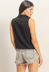 Miss Bliss HYFVE Slvls Lyocell Linen Button Front Top-Black