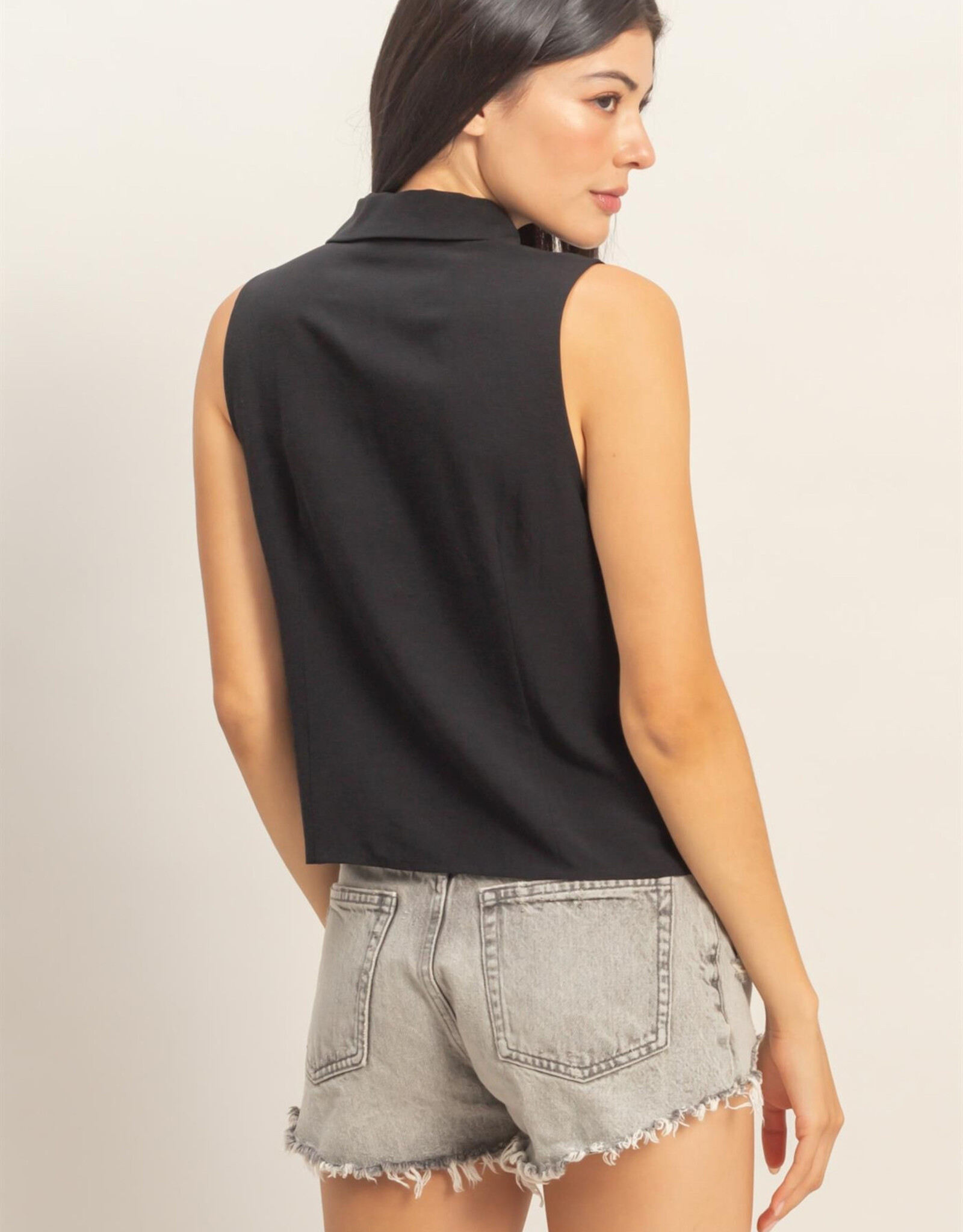 Miss Bliss HYFVE Slvls Lyocell Linen Button Front Top-Black