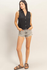 Miss Bliss HYFVE Slvls Lyocell Linen Button Front Top-Black