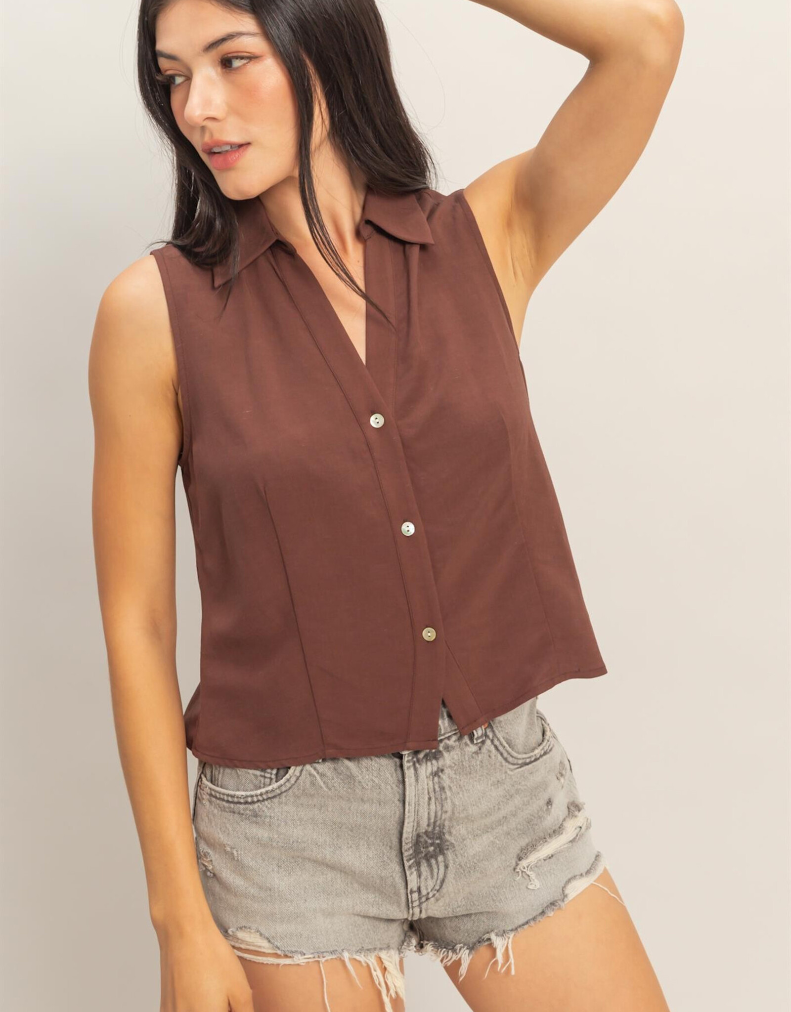 Miss Bliss HYFVE Slvls Lyocell Linen Button Front Top-Chocolate