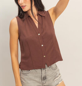 Miss Bliss Lyocell Linen Button Front Top-Chocolate