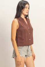 Miss Bliss HYFVE Slvls Lyocell Linen Button Front Top-Chocolate