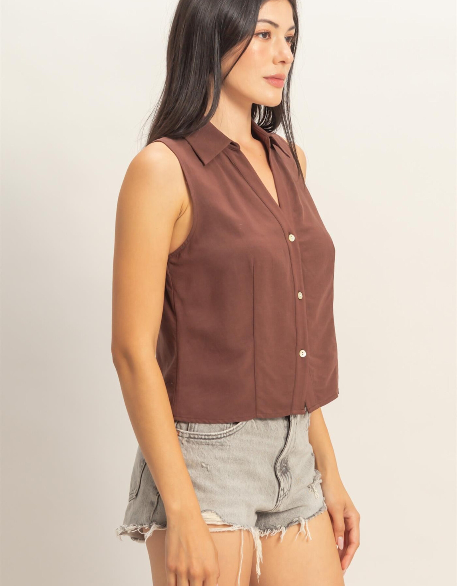 Miss Bliss HYFVE Slvls Lyocell Linen Button Front Top-Chocolate