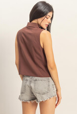 Miss Bliss HYFVE Slvls Lyocell Linen Button Front Top-Chocolate