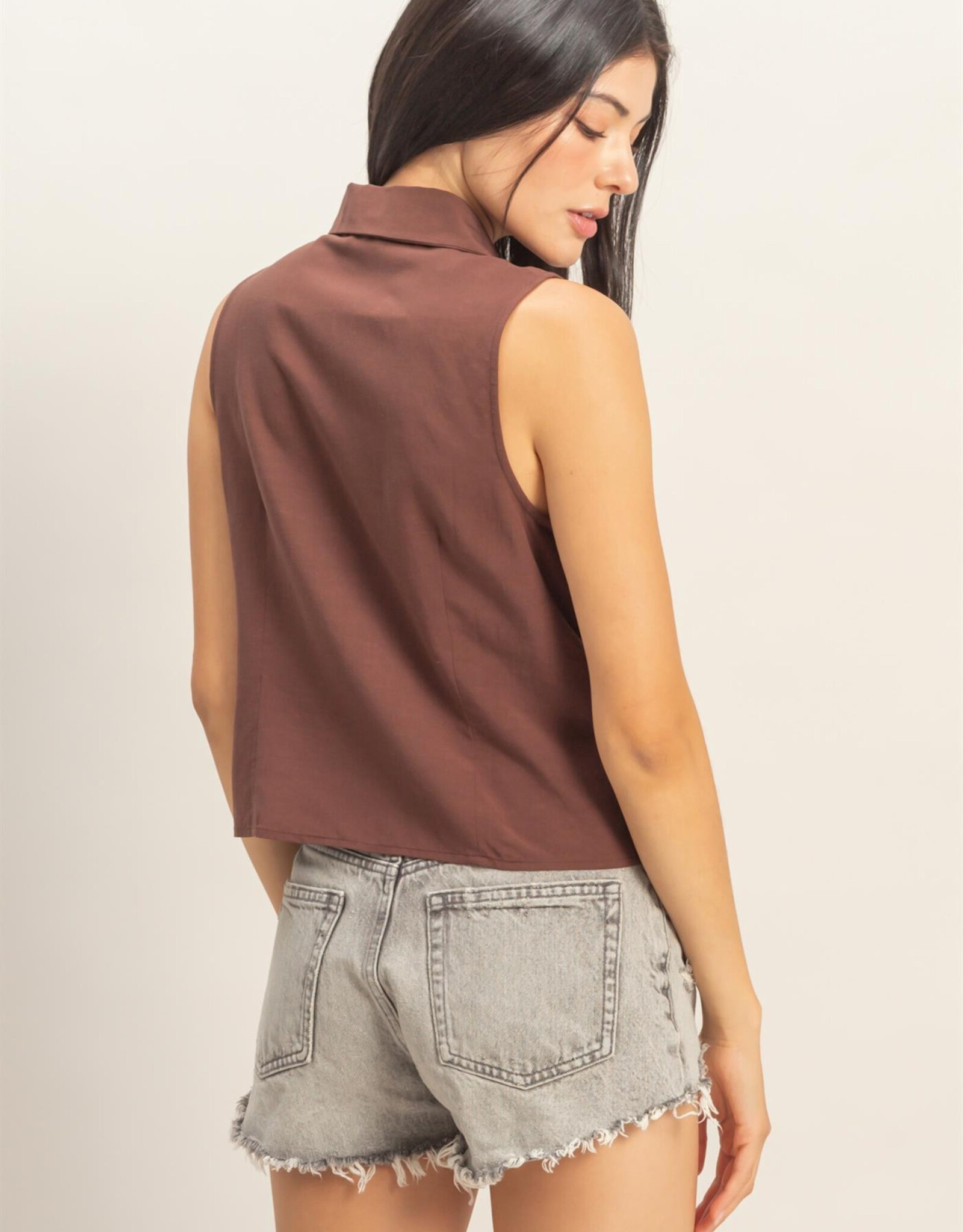Miss Bliss HYFVE Slvls Lyocell Linen Button Front Top-Chocolate