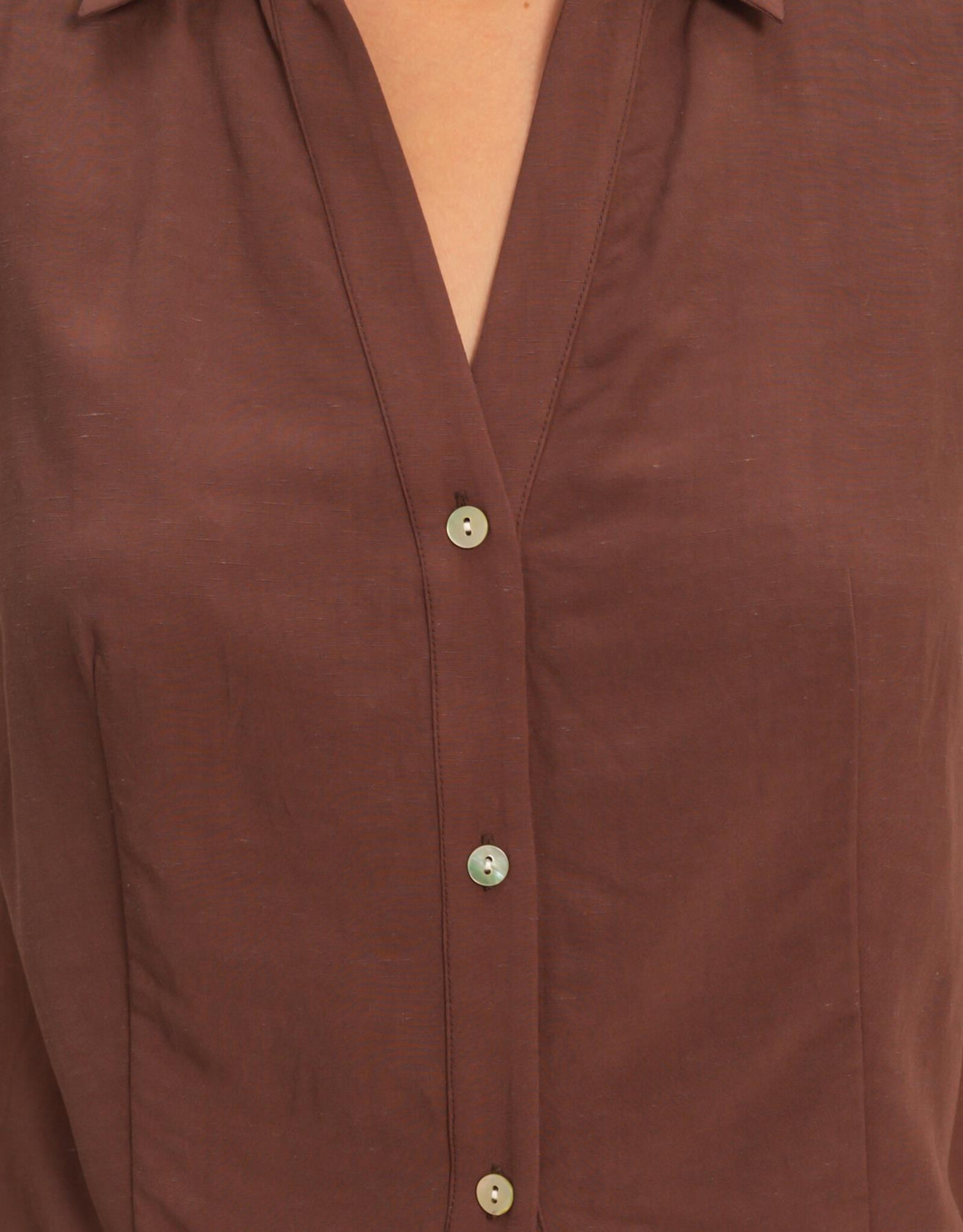Miss Bliss HYFVE Slvls Lyocell Linen Button Front Top-Chocolate