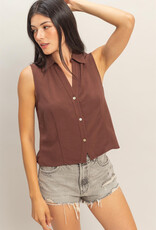 Miss Bliss HYFVE Slvls Lyocell Linen Button Front Top-Chocolate