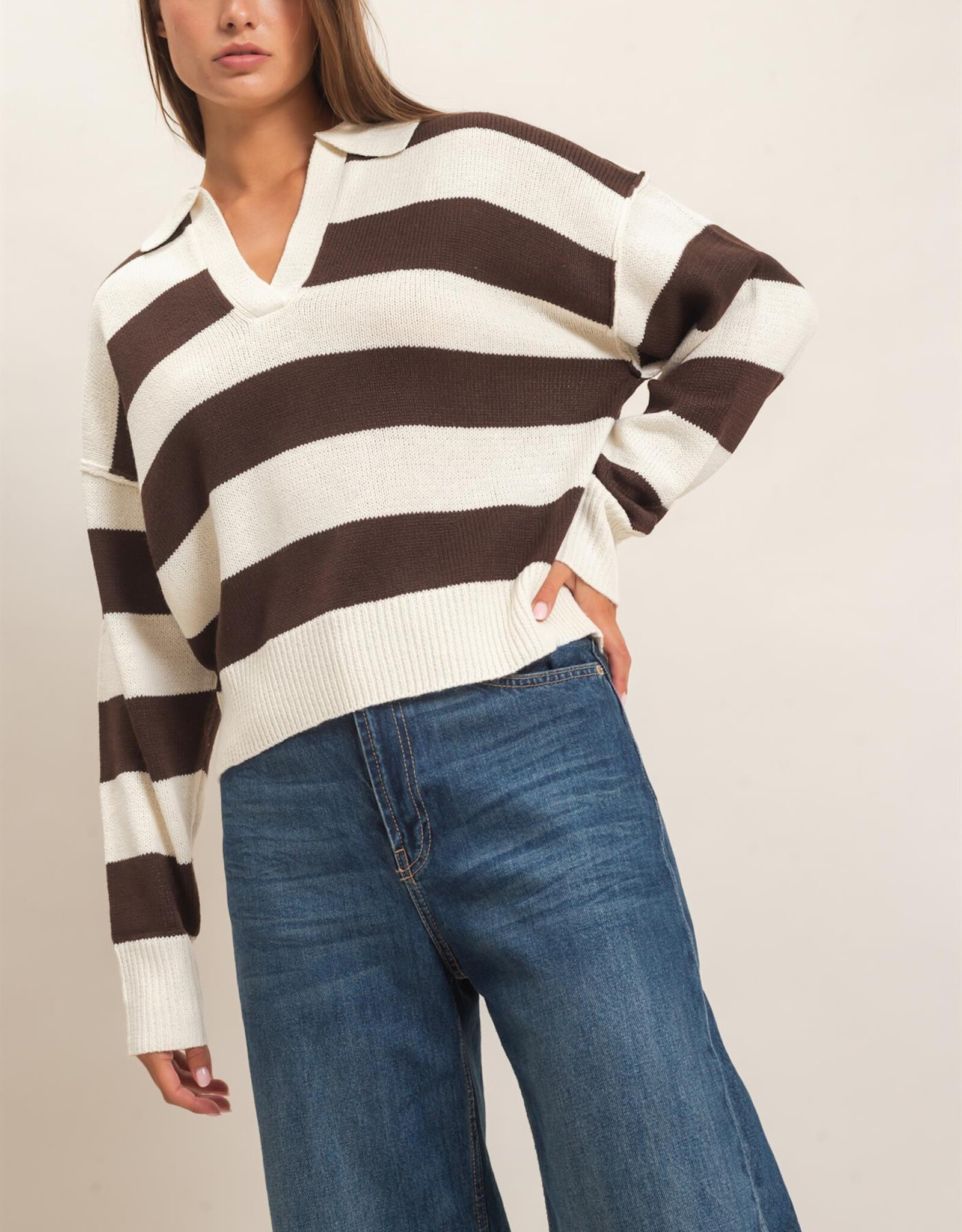 Miss Bliss HYFVE Rugby Stripe Polo Sweater-Brown