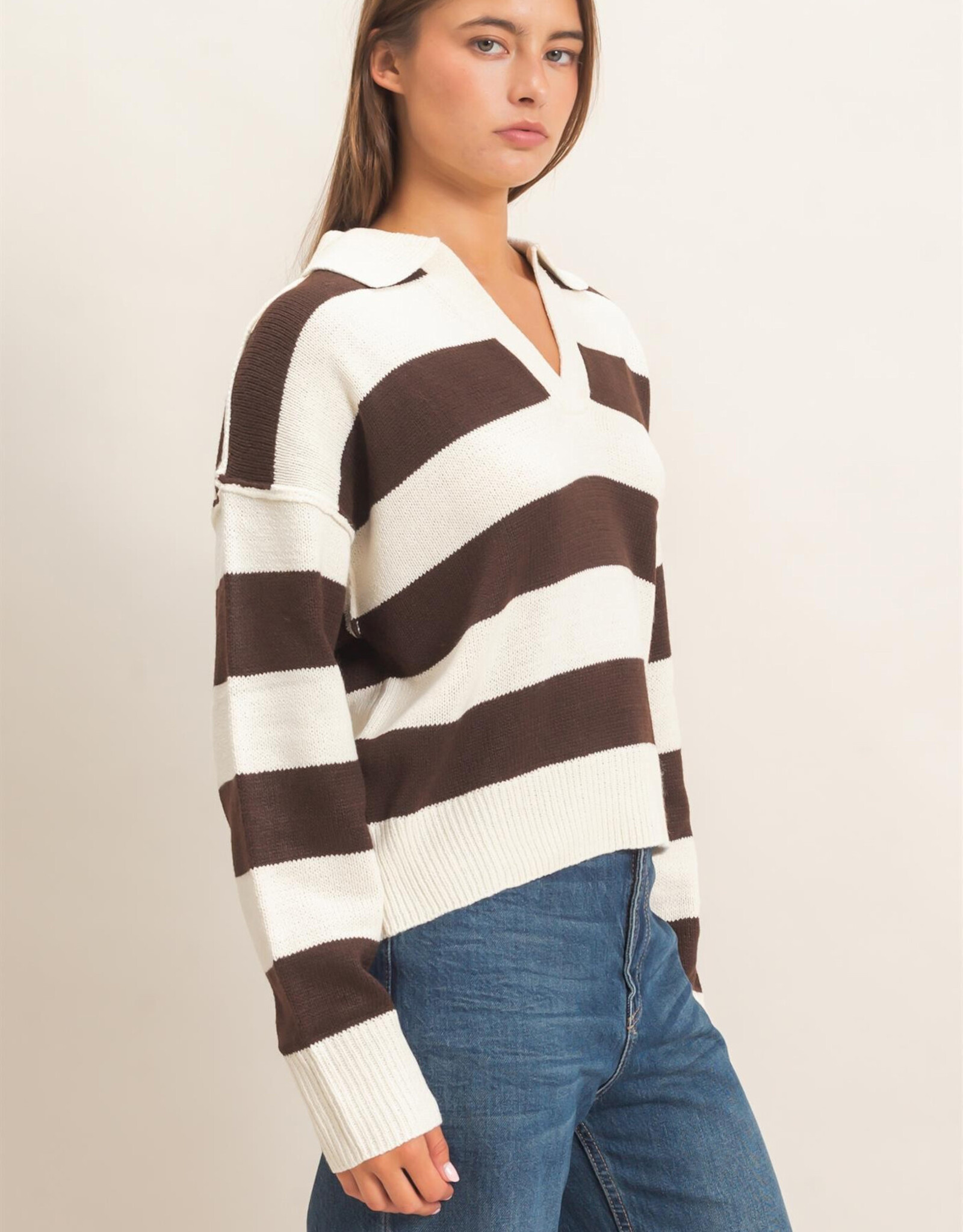 Miss Bliss HYFVE Rugby Stripe Polo Sweater-Brown