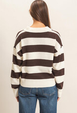 Miss Bliss HYFVE Rugby Stripe Polo Sweater-Brown