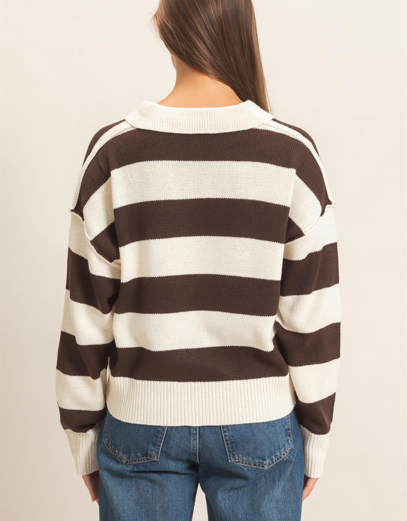 Miss Bliss HYFVE Rugby Stripe Polo Sweater-Brown