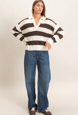 Miss Bliss HYFVE Rugby Stripe Polo Sweater-Brown