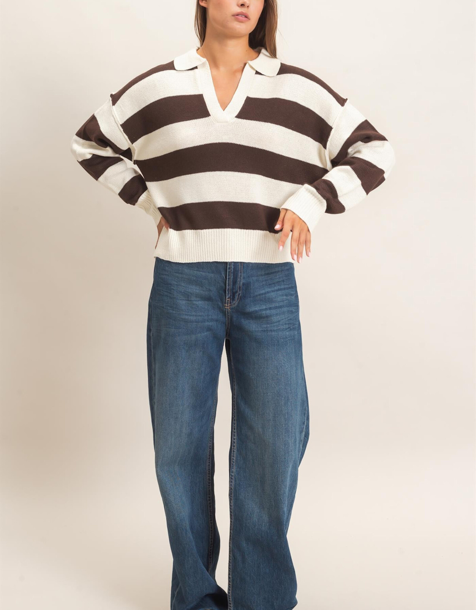 Miss Bliss HYFVE Rugby Stripe Polo Sweater-Brown