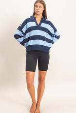 Miss Bliss HYFVE Rugby Stripe Polo Sweater-Navy