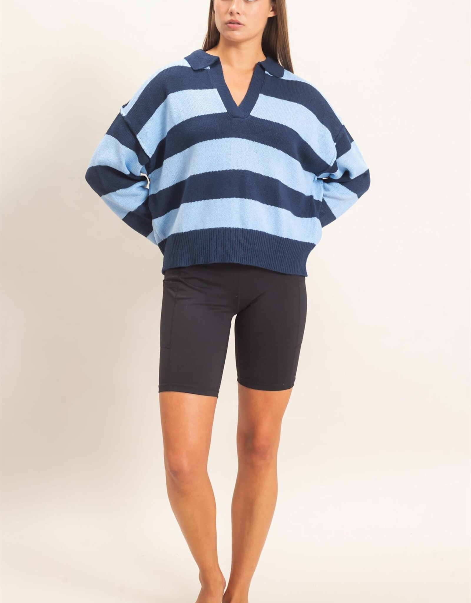 Miss Bliss HYFVE Rugby Stripe Polo Sweater-Navy