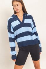 Miss Bliss HYFVE Rugby Stripe Polo Sweater-Navy