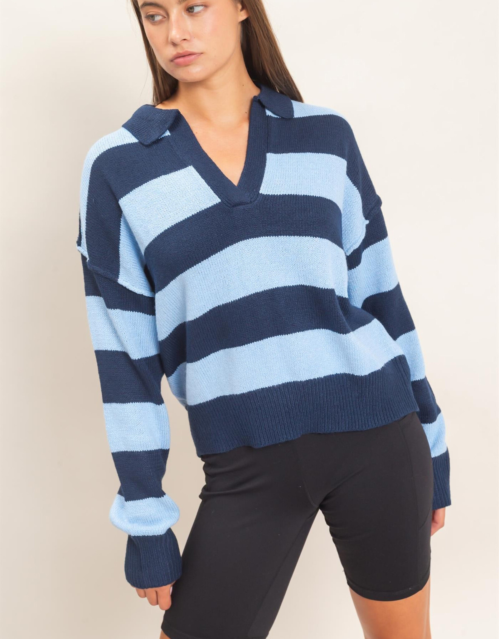 Miss Bliss HYFVE Rugby Stripe Polo Sweater-Navy
