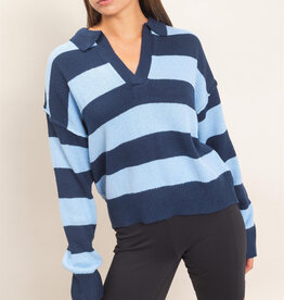 Miss Bliss Rugby Stripe Polo Sweater-Navy