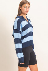 Miss Bliss HYFVE Rugby Stripe Polo Sweater-Navy