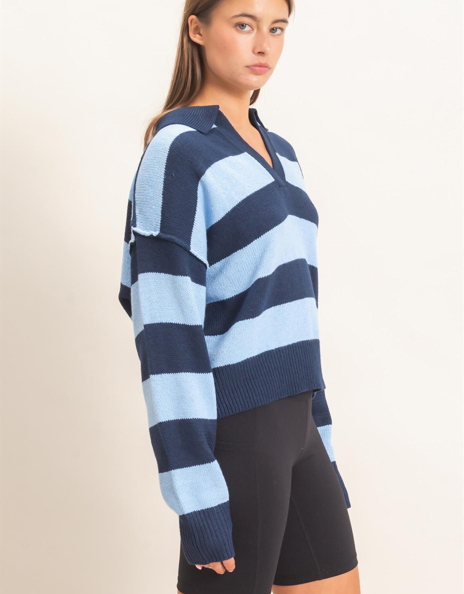 Miss Bliss HYFVE Rugby Stripe Polo Sweater-Navy
