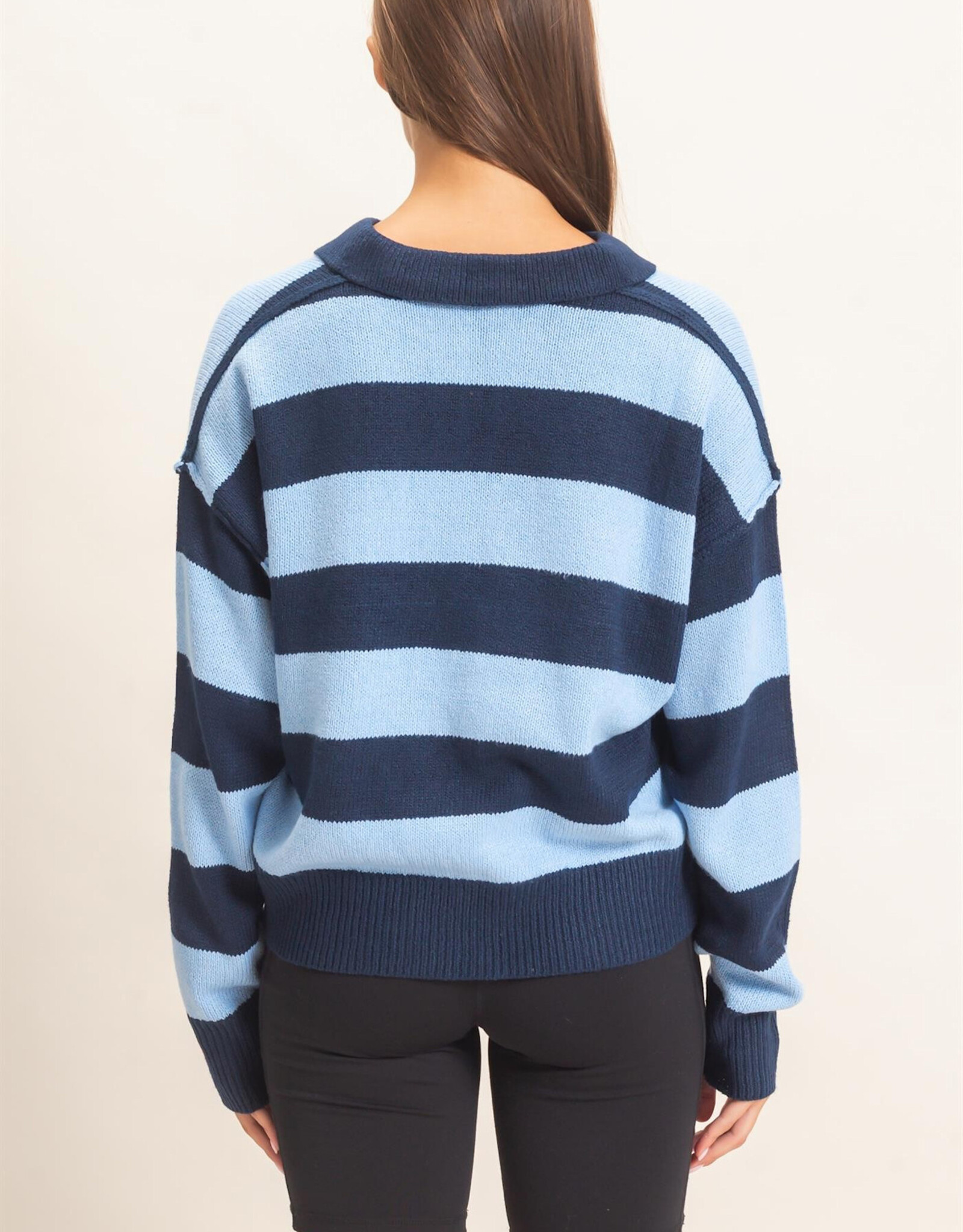Miss Bliss HYFVE Rugby Stripe Polo Sweater-Navy