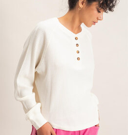 Miss Bliss Mineral Wash Waffle Knit Henley Top-Cream