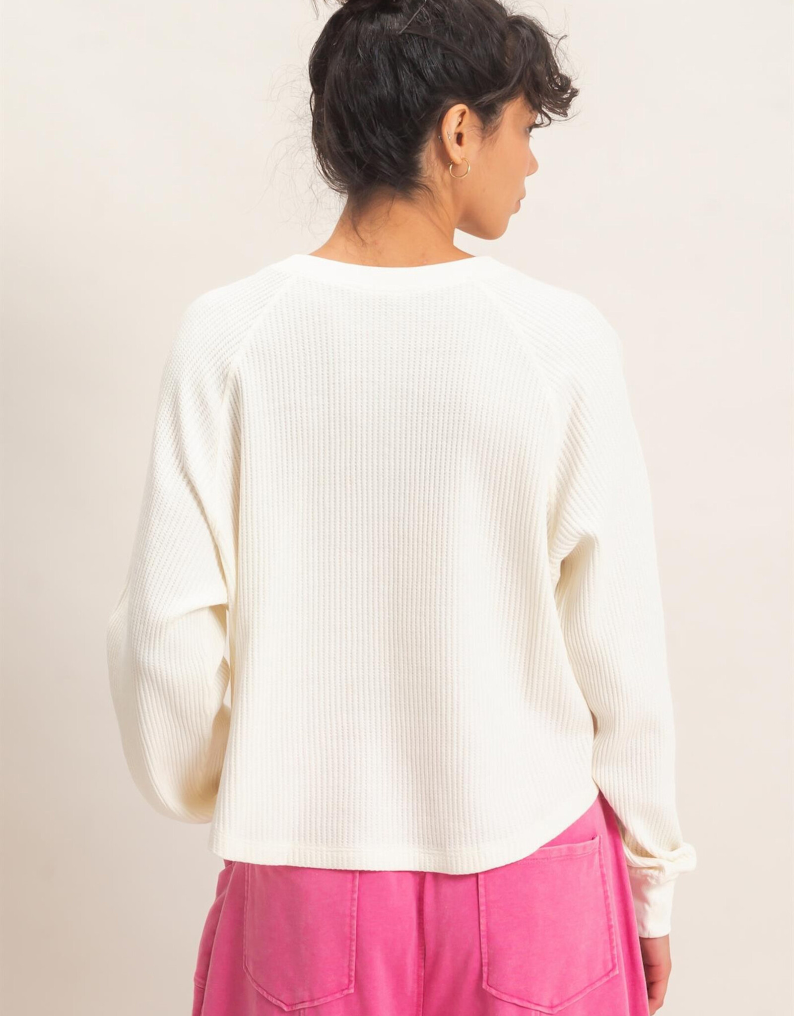 Miss Bliss HYFVE Mineral Wash Waffle Knit Henley Top-Cream