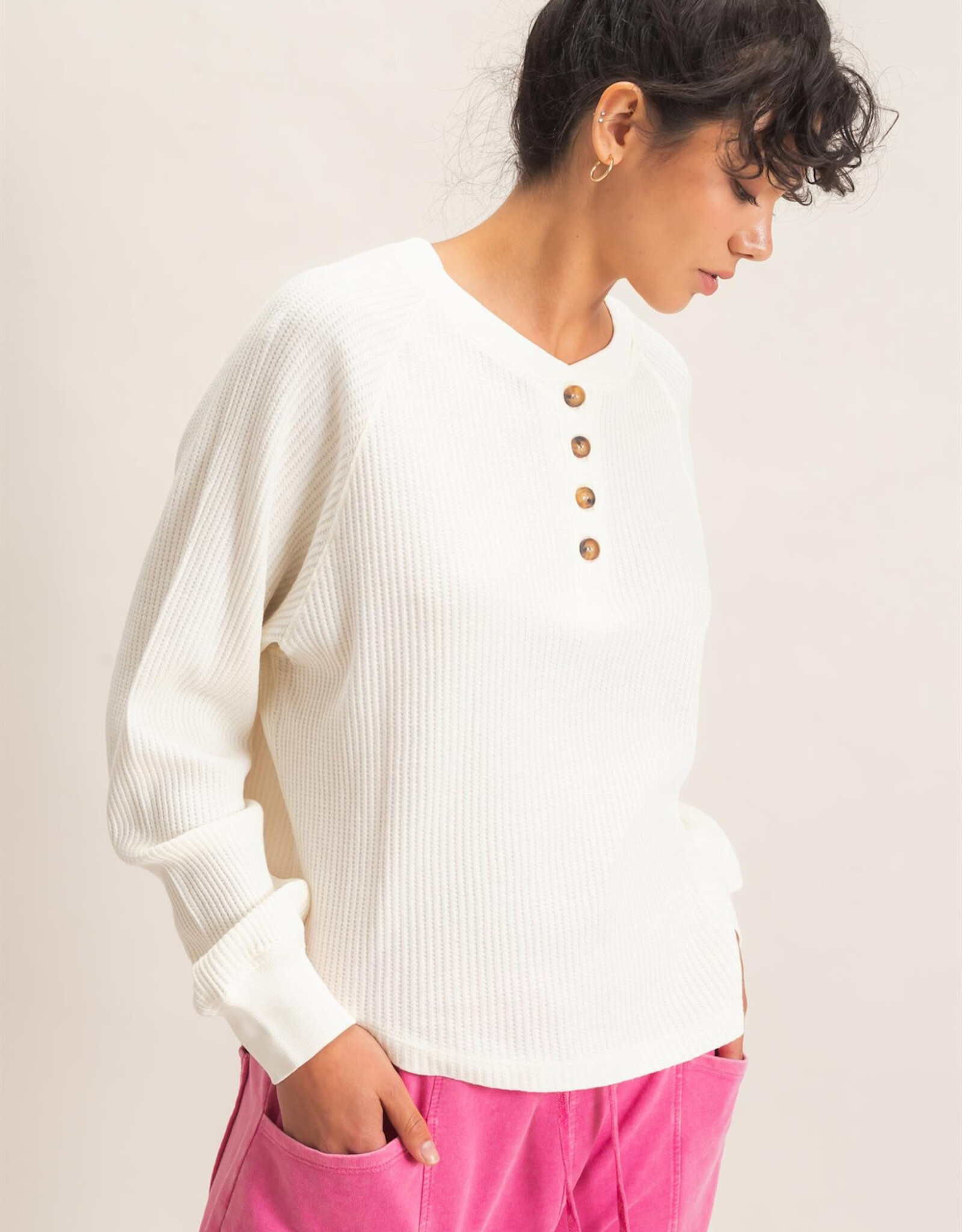 Miss Bliss HYFVE Mineral Wash Waffle Knit Henley Top-Cream