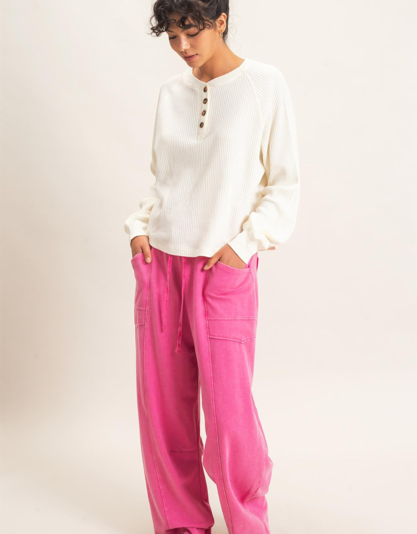 Miss Bliss HYFVE Mineral Wash Waffle Knit Henley Top-Cream