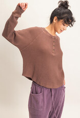 Miss Bliss HYFVE Mineral Wash Waffle Knit Henley Top-Dark Brown
