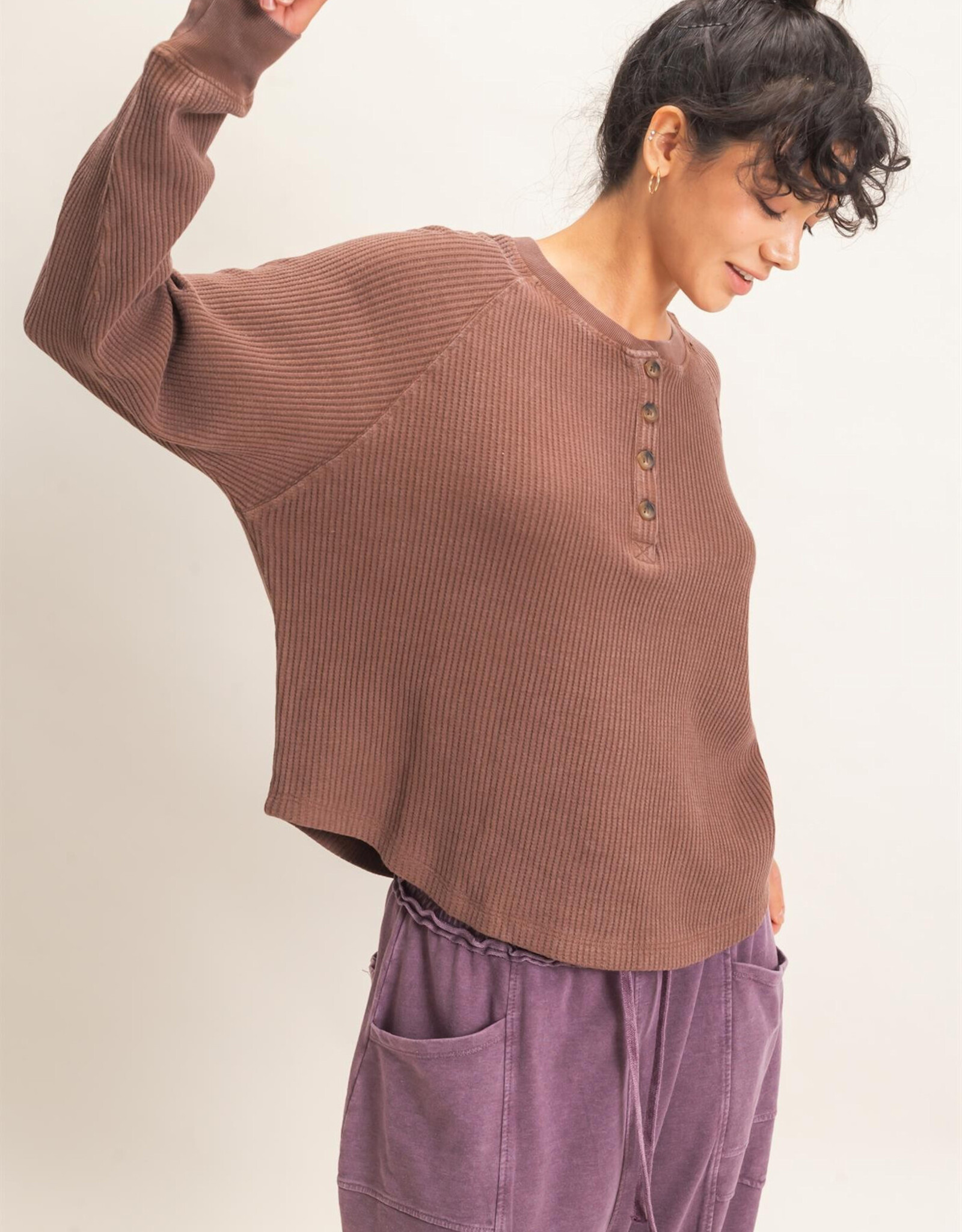 Miss Bliss HYFVE Mineral Wash Waffle Knit Henley Top-Dark Brown