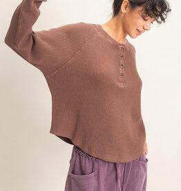 Miss Bliss Mineral Wash Waffle Knit Henley Top-Dark Brown
