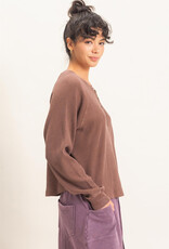 Miss Bliss HYFVE Mineral Wash Waffle Knit Henley Top-Dark Brown