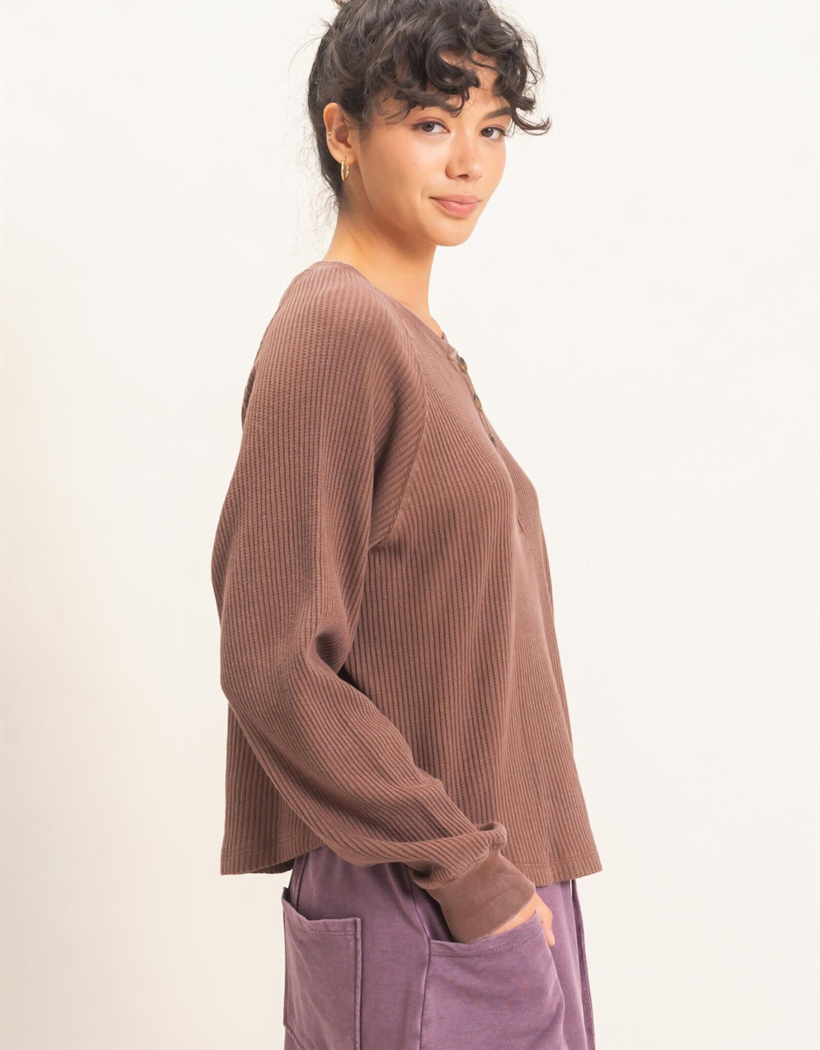 Miss Bliss HYFVE Mineral Wash Waffle Knit Henley Top-Dark Brown