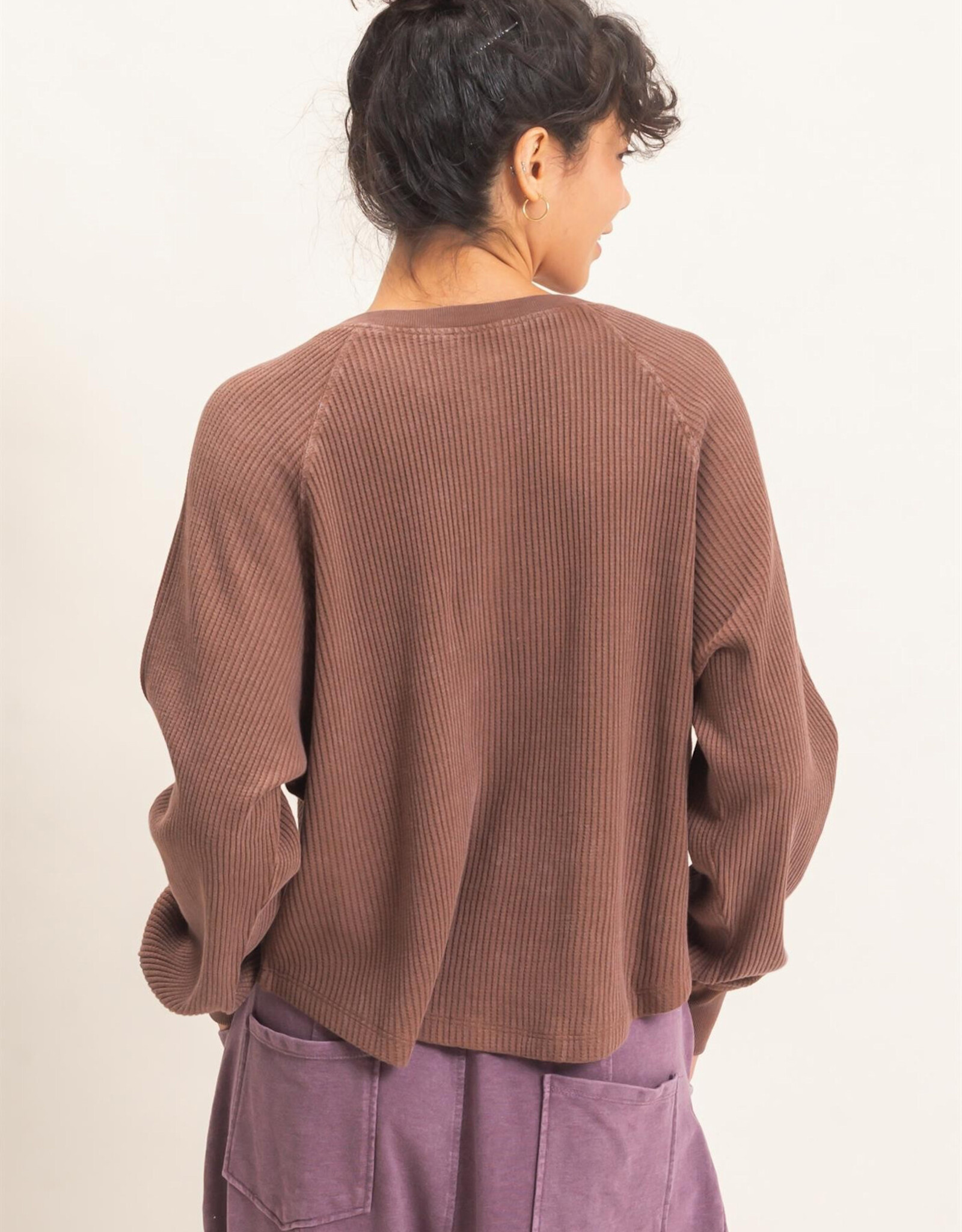 Miss Bliss HYFVE Mineral Wash Waffle Knit Henley Top-Dark Brown