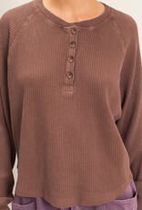 Miss Bliss HYFVE Mineral Wash Waffle Knit Henley Top-Dark Brown