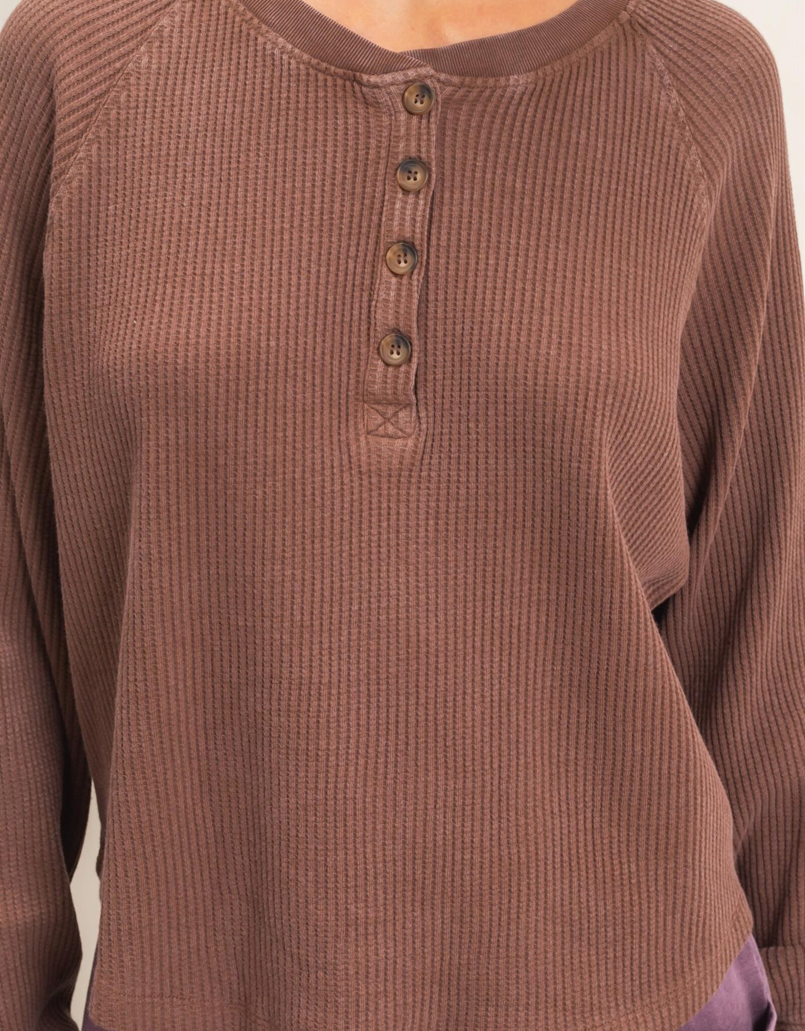 Miss Bliss HYFVE Mineral Wash Waffle Knit Henley Top-Dark Brown