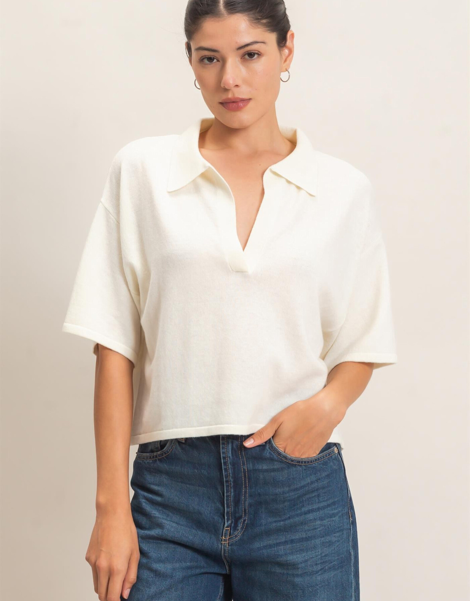 Miss Bliss HYFVE Collared V-neck Knit Top-Ivory