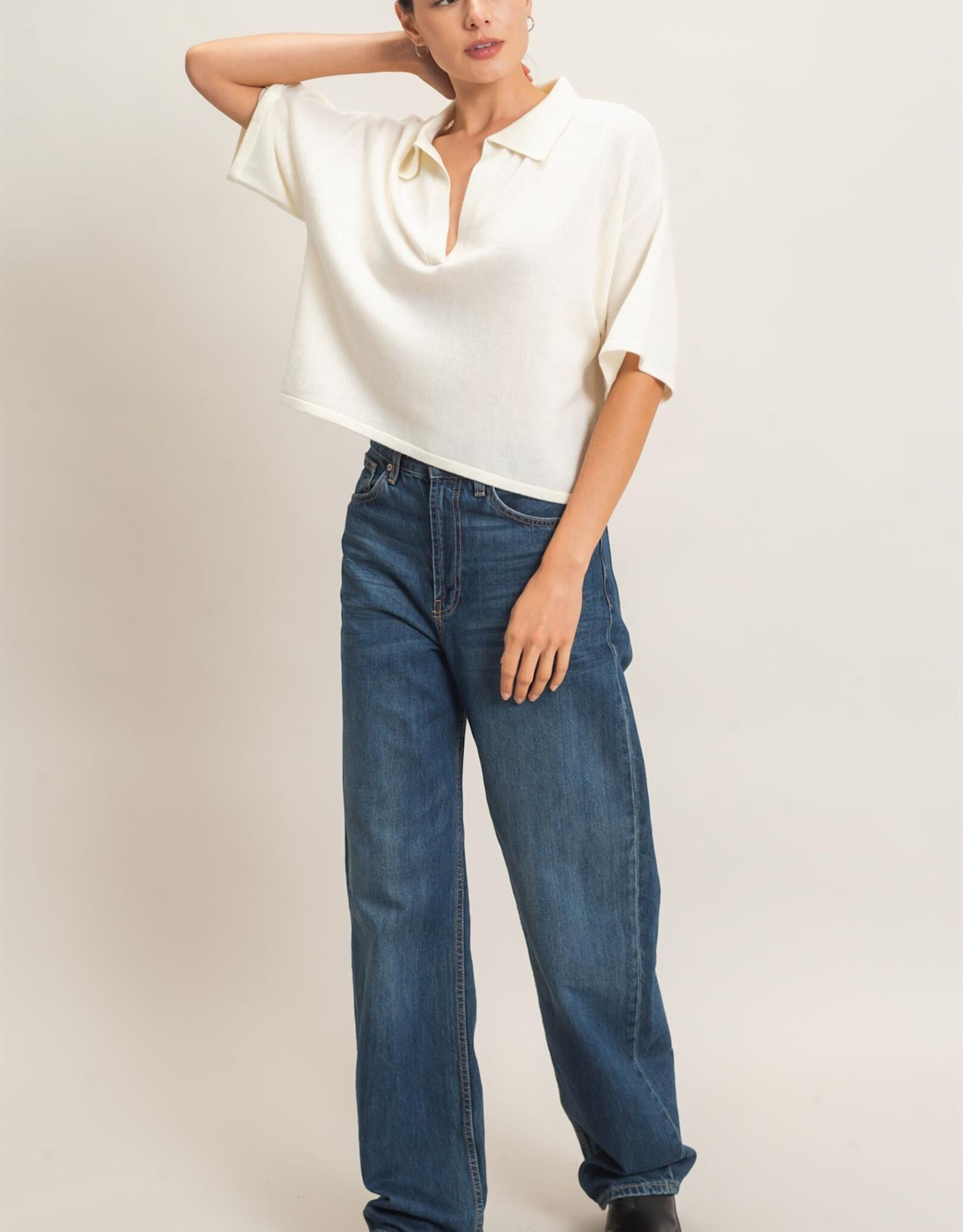 Miss Bliss HYFVE Collared V-neck Knit Top-Ivory