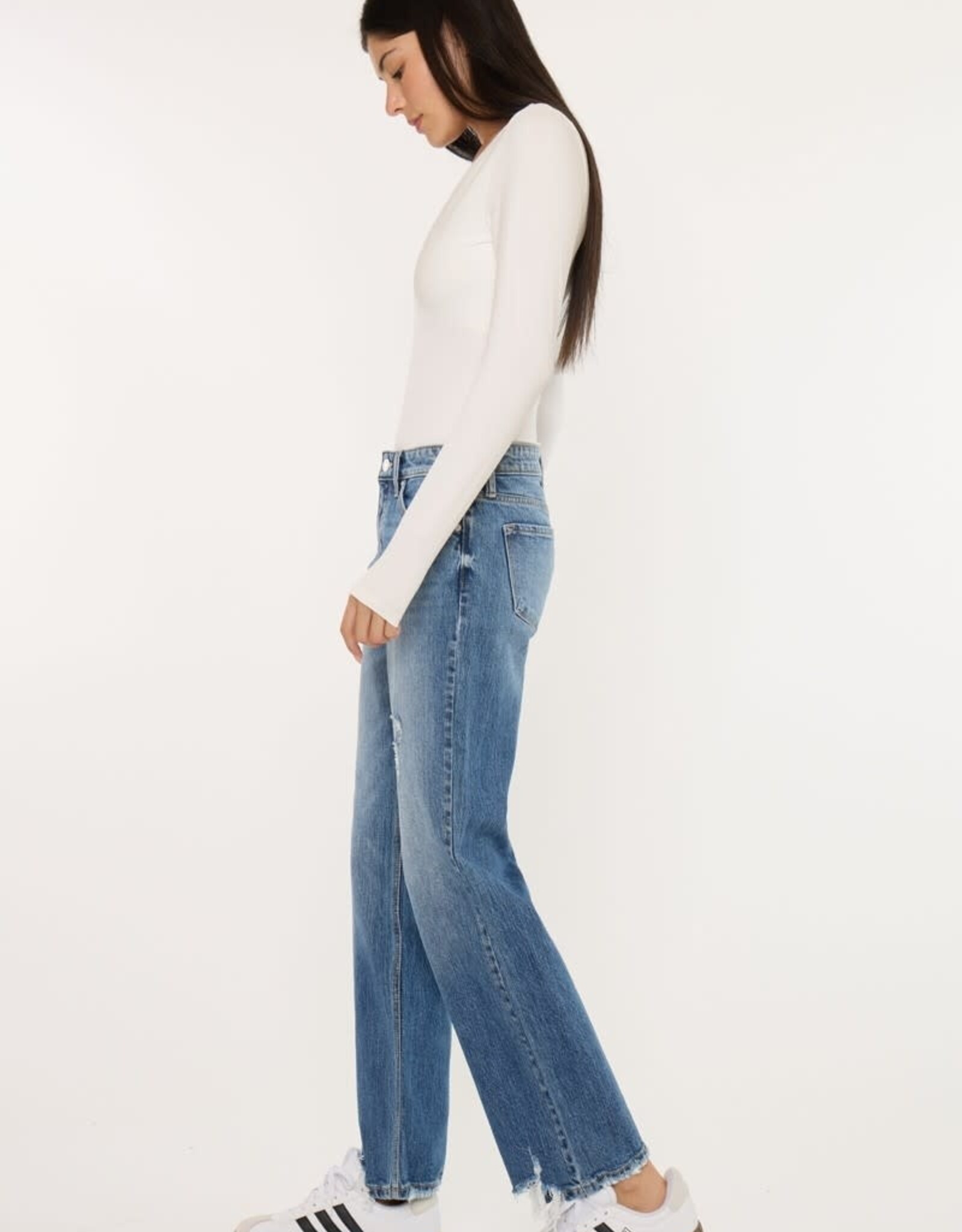 Miss Bliss KC Mid Rise Raw Hem Distressed Straight Leg-Dk Wash
