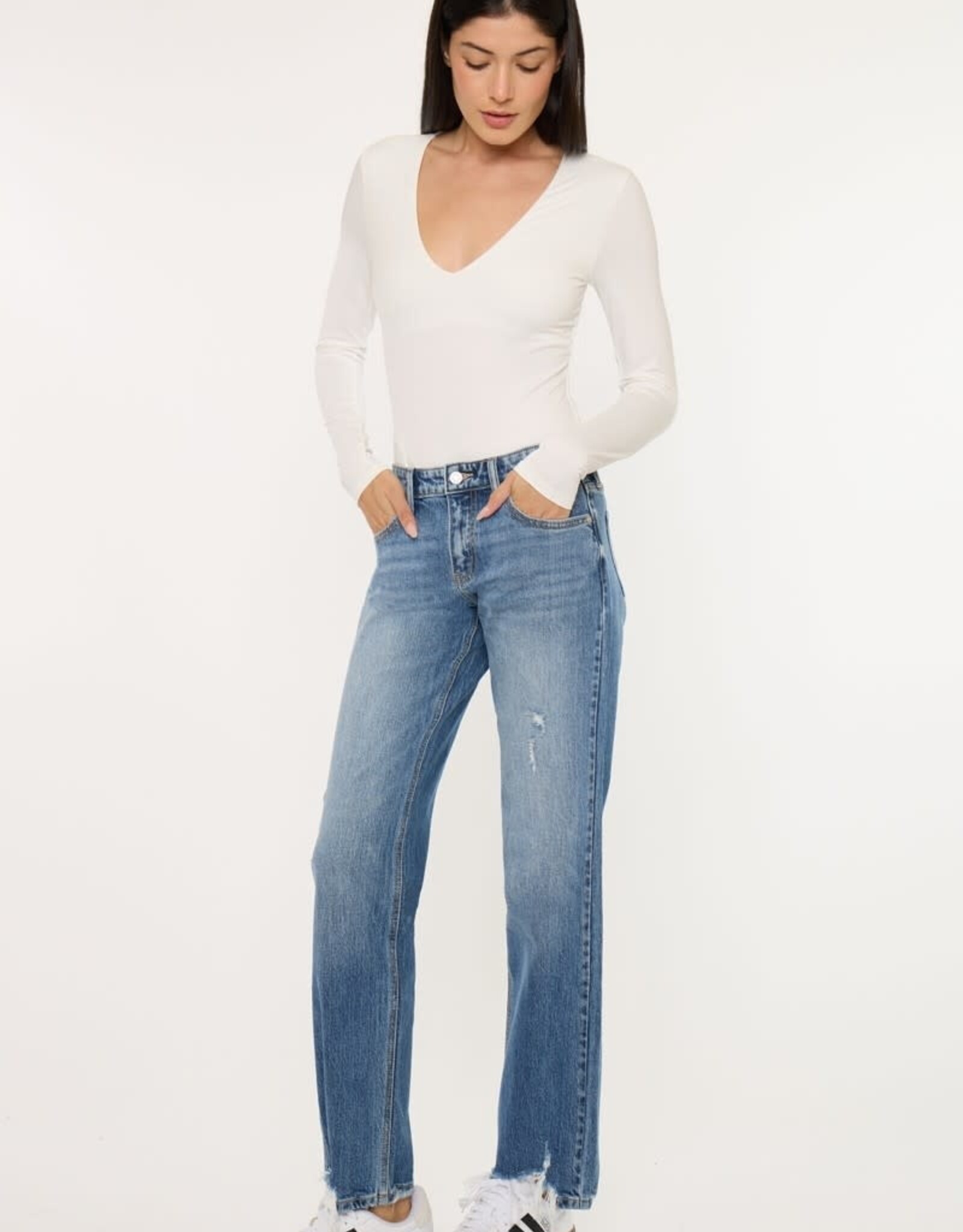 Miss Bliss KC Mid Rise Raw Hem Distressed Straight Leg-Dk Wash