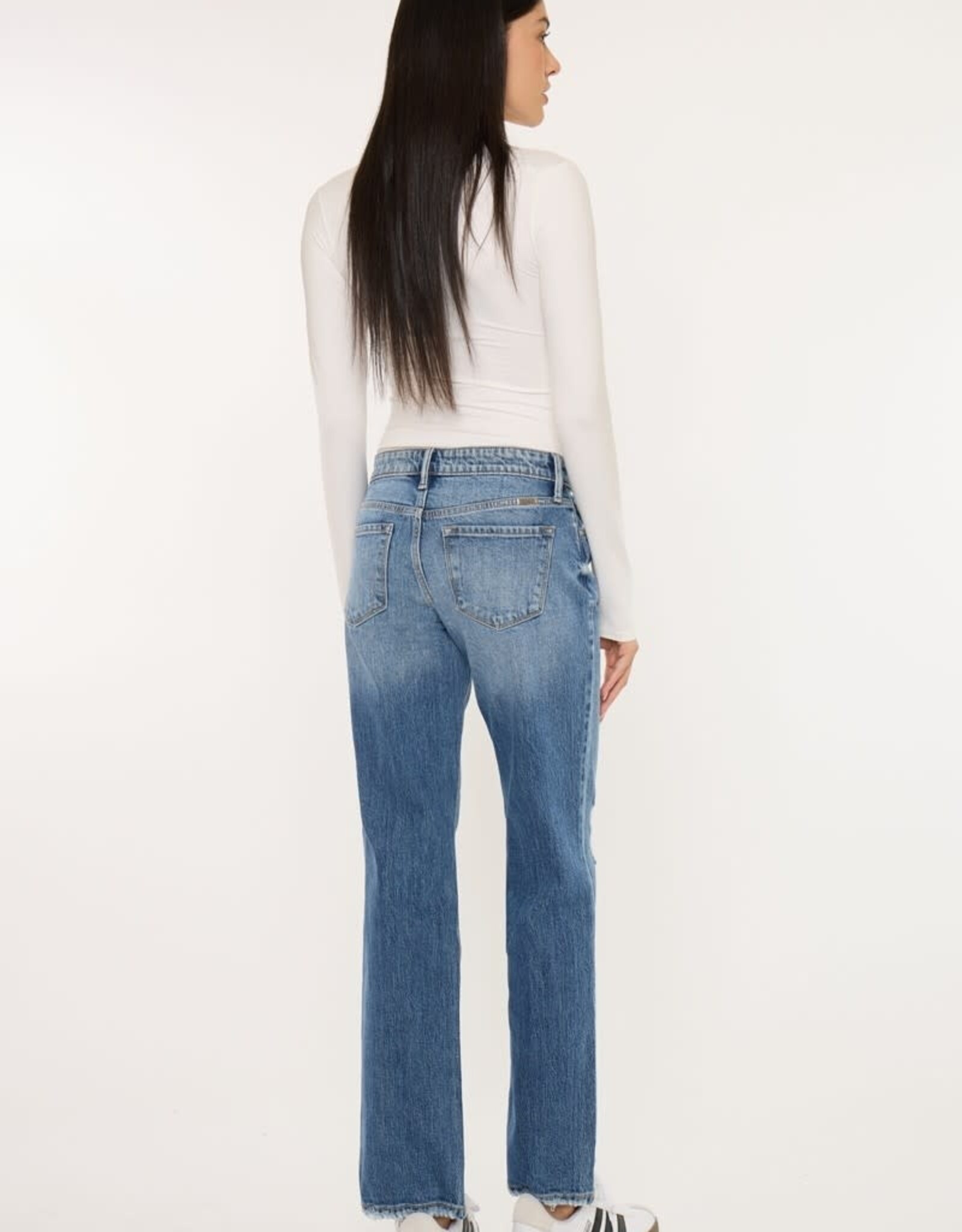 Miss Bliss KC Mid Rise Raw Hem Distressed Straight Leg-Dk Wash