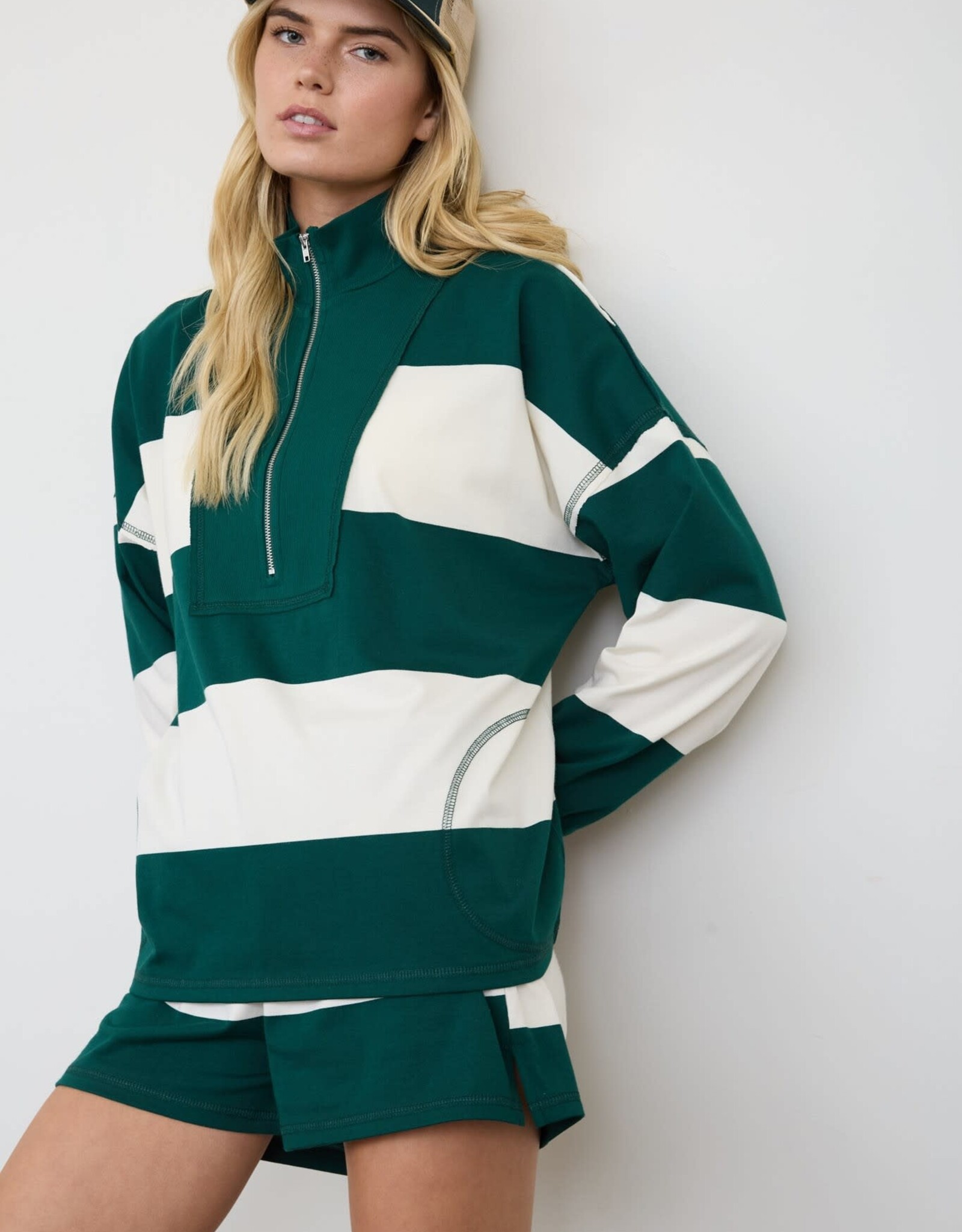 Miss Bliss J.O.A. Wide Stripe Half Zip LS Knit Top- Hunter Green