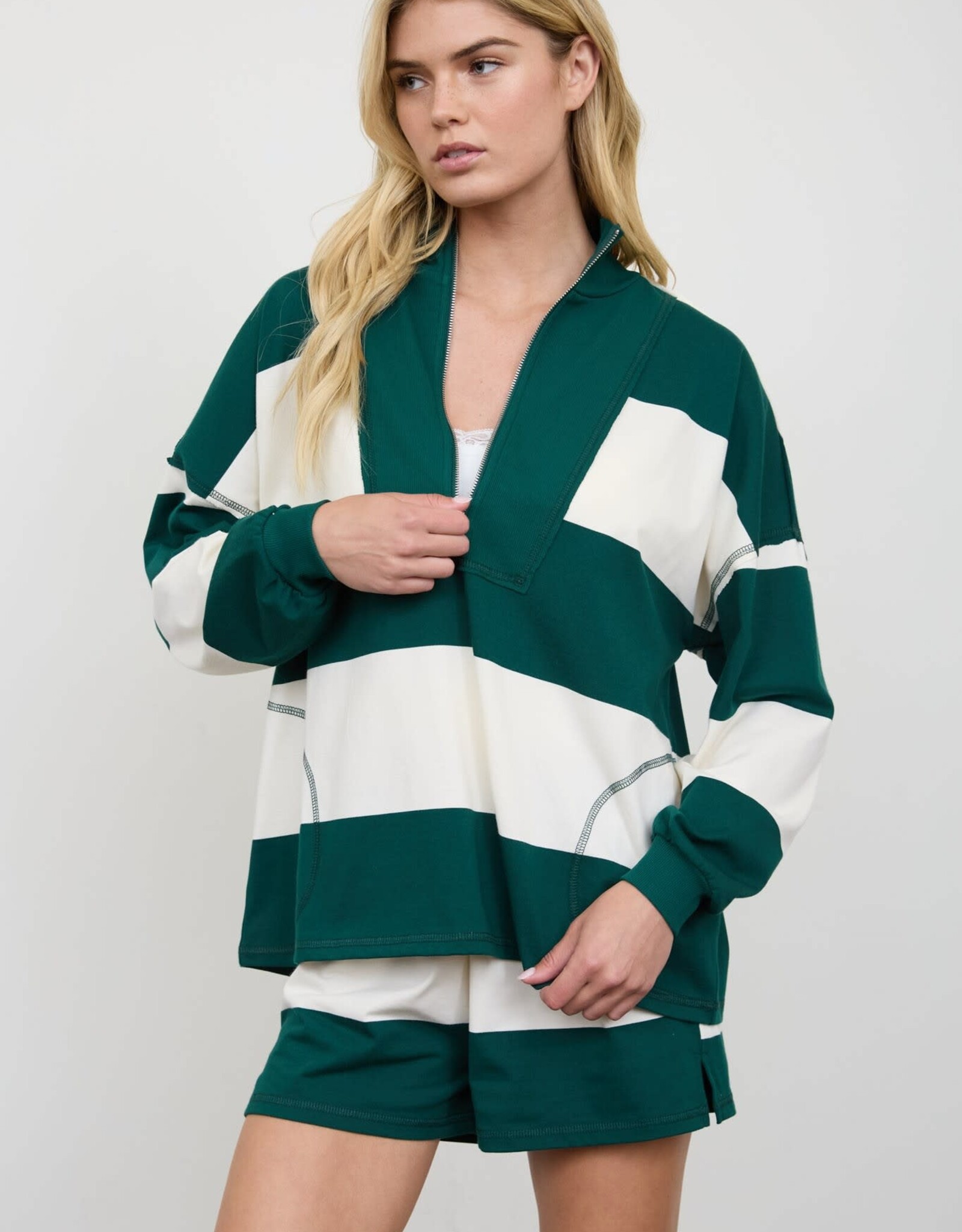 Miss Bliss J.O.A. Wide Stripe Half Zip LS Knit Top- Hunter Green