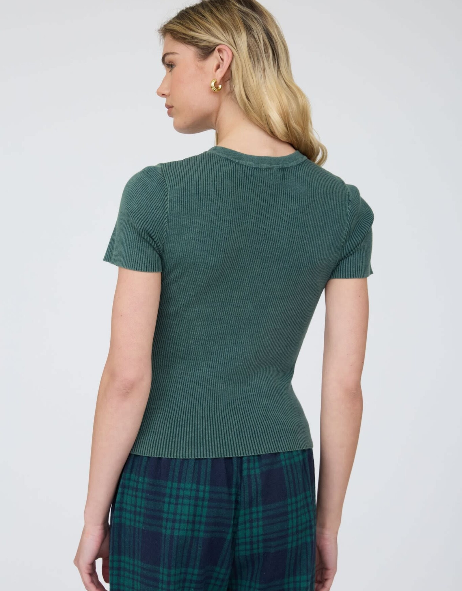 Miss Bliss J.O.A. Washed Ribbed SS Cropped Knit Tee- Hunter Green