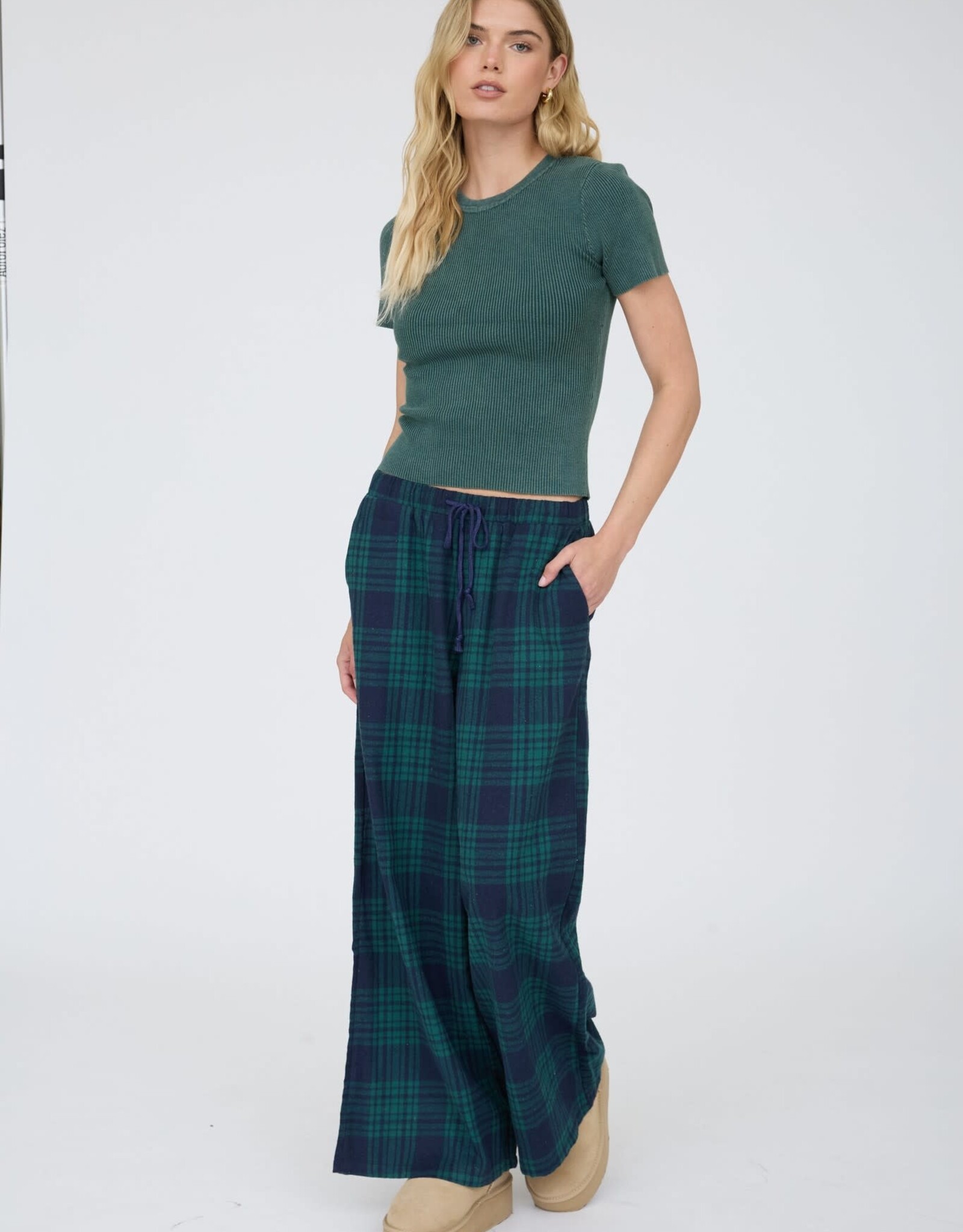 Miss Bliss J.O.A. Washed Ribbed SS Cropped Knit Tee- Hunter Green